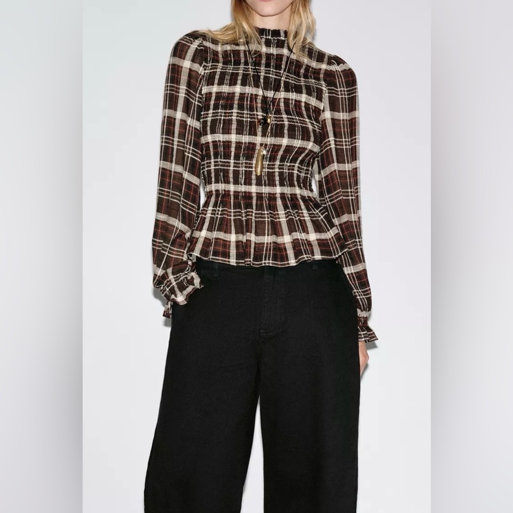 ZARA Plaid Smocked Blouse – XS – NWT - Picture 2 of 7